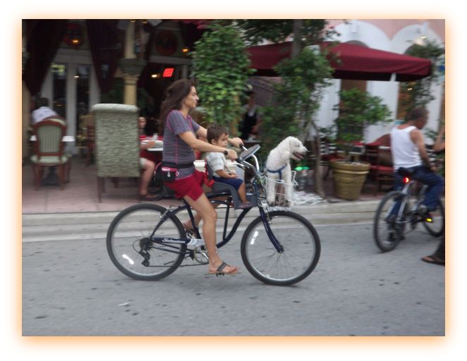 lady kid dog bike