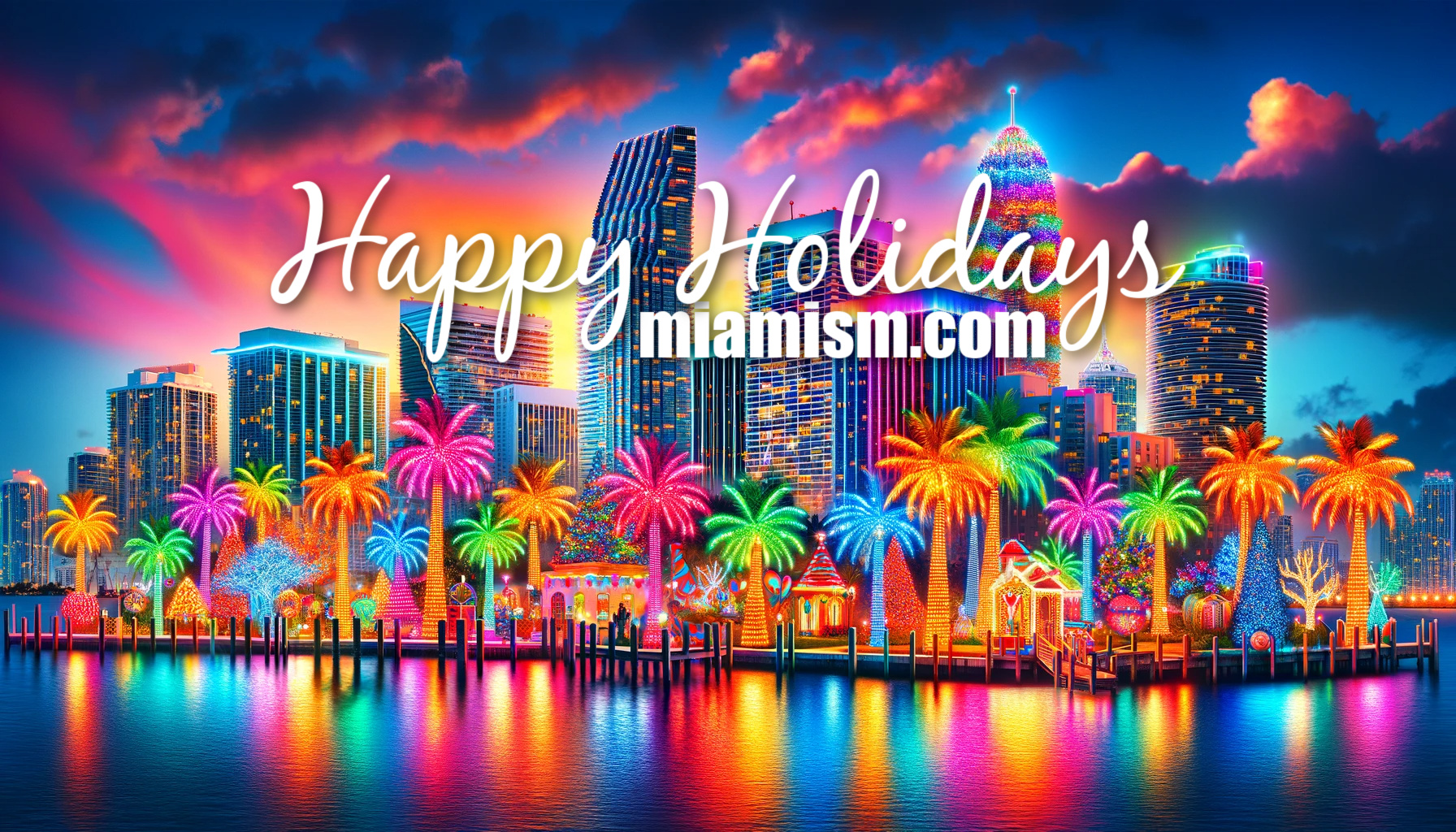 DALL·E 2023 12 23 12.05.38 A vibrant and joyful holiday image for a Miami real estate and lifestyle blog, emphasizing Miami's lively atmosphere. The image depicts Miami's skylin