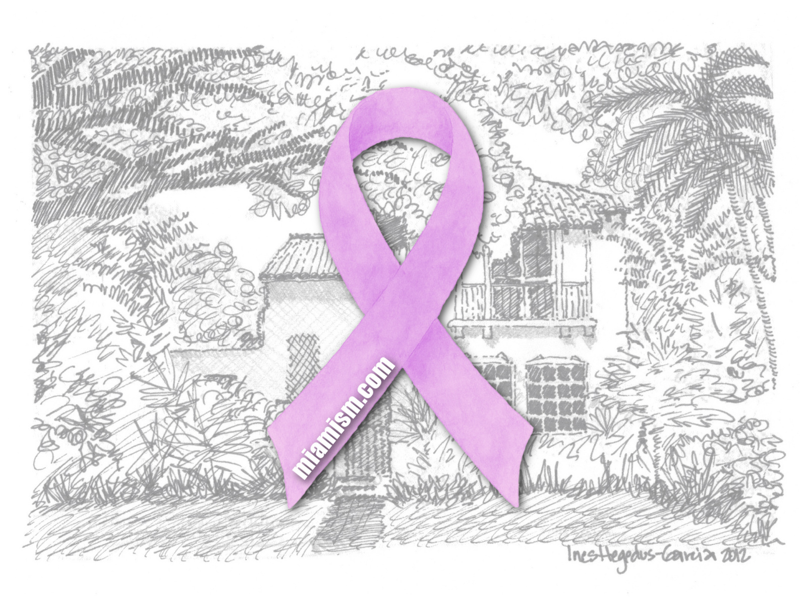 Lavender cancer awareness ribbon overlaid on an architectural pen-and-ink rendering, symbolizing the personal fight against cancer and the fusion of advocacy, art, and resilience.