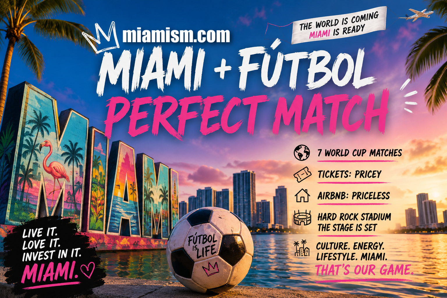 Colorful illustration of the Miami skyline with palm trees, a soccer ball, and World Cup-inspired artwork representing the impact of fútbol on Miami's economy, lifestyle, tourism, and real estate market