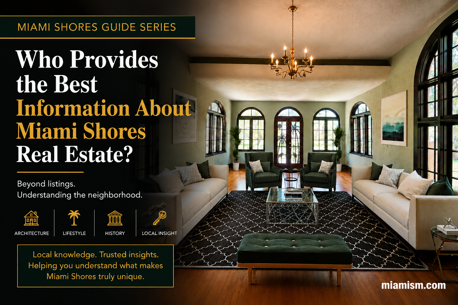 Interior of a historic Miami Shores home featuring arched windows, original architectural details, and classic design elements, illustrating the character and housing diversity found throughout the neighborhood.