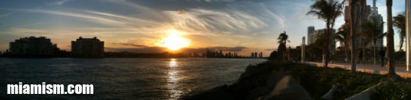 Panoramic view from South Pointe Park in Miami Beach overlooking Government Cut, the Atlantic Ocean, and the Miami skyline.