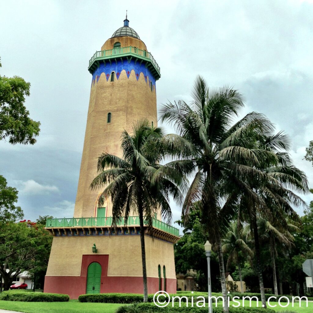 The historic Alhambra Water Tower in Coral Gables, a Mediterranean Revival landmark built to conceal the city's original elevated water tank.