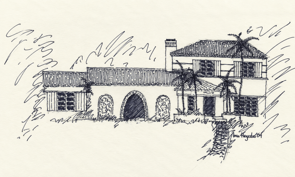 Hand-drawn architectural sketch by Ines Hegedus-Garcia of a 1935 Mediterranean Revival home at 989 NE 95th Street in Miami Shores.