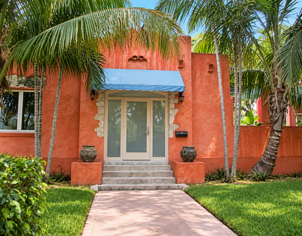 Coral lime-painted Mediterranean-style home with a textured stucco facade, blue awning and tropical landscaping.