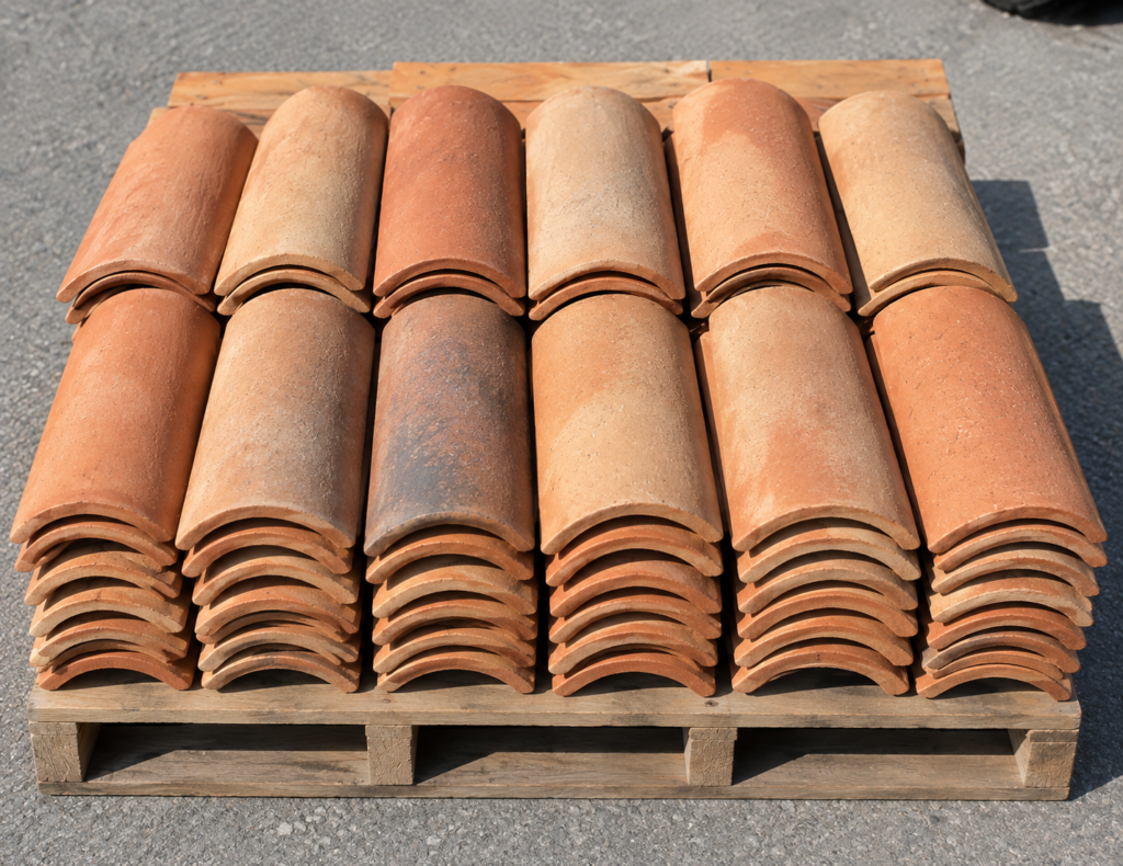 Modern handmade clay barrel roof tiles in varied terracotta tones for use on Mediterranean Revival homes.