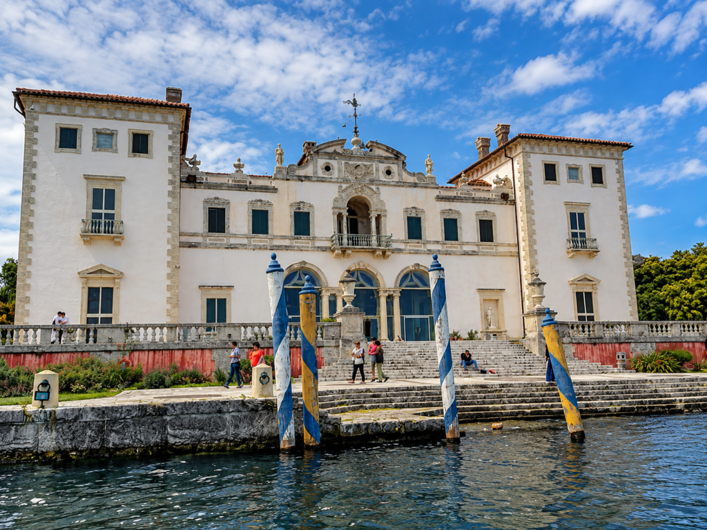 Waterfront view of Vizcaya Museum and Gardens in Miami, an example of Mediterranean-inspired architecture and traditional lime-painted stucco.