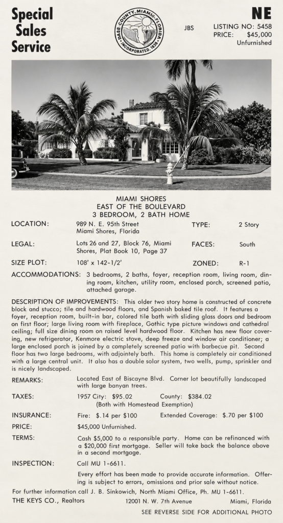 Vintage real estate sales brochure for 989 NE 95th Street in Miami Shores, showing the historic Mediterranean Revival home and its original $45,000 listing price.