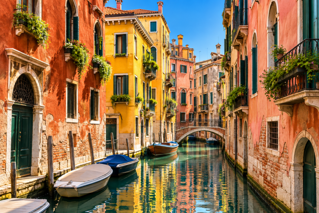 Colorful historic buildings along a Venice canal showing the rich ochre, terracotta, yellow and pink tones characteristic of traditional lime-painted facades.